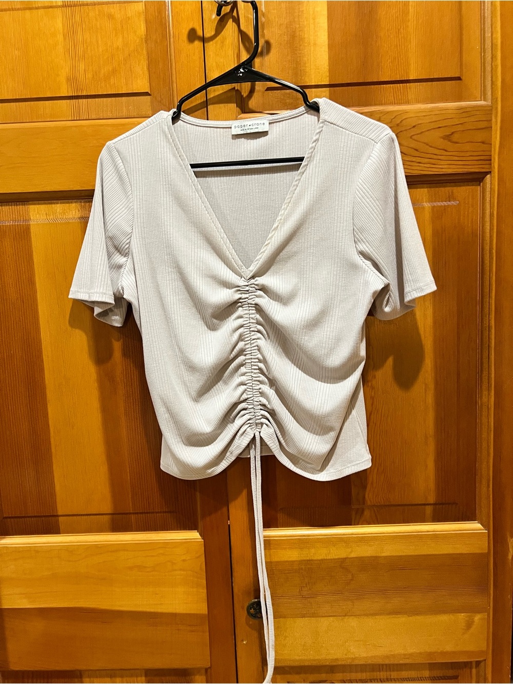 Paper Crane Cream Ribbed Ruched V-Neck Crop Top